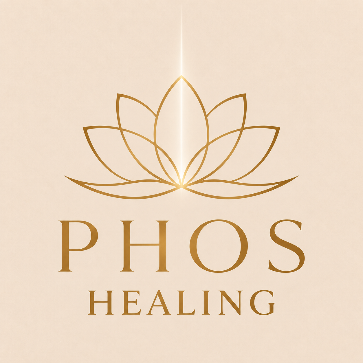 Gouden lotuslogo met “PHOS” en “HEALING” op beige achtergrond, symmetrisch en elegant vormgegeven.